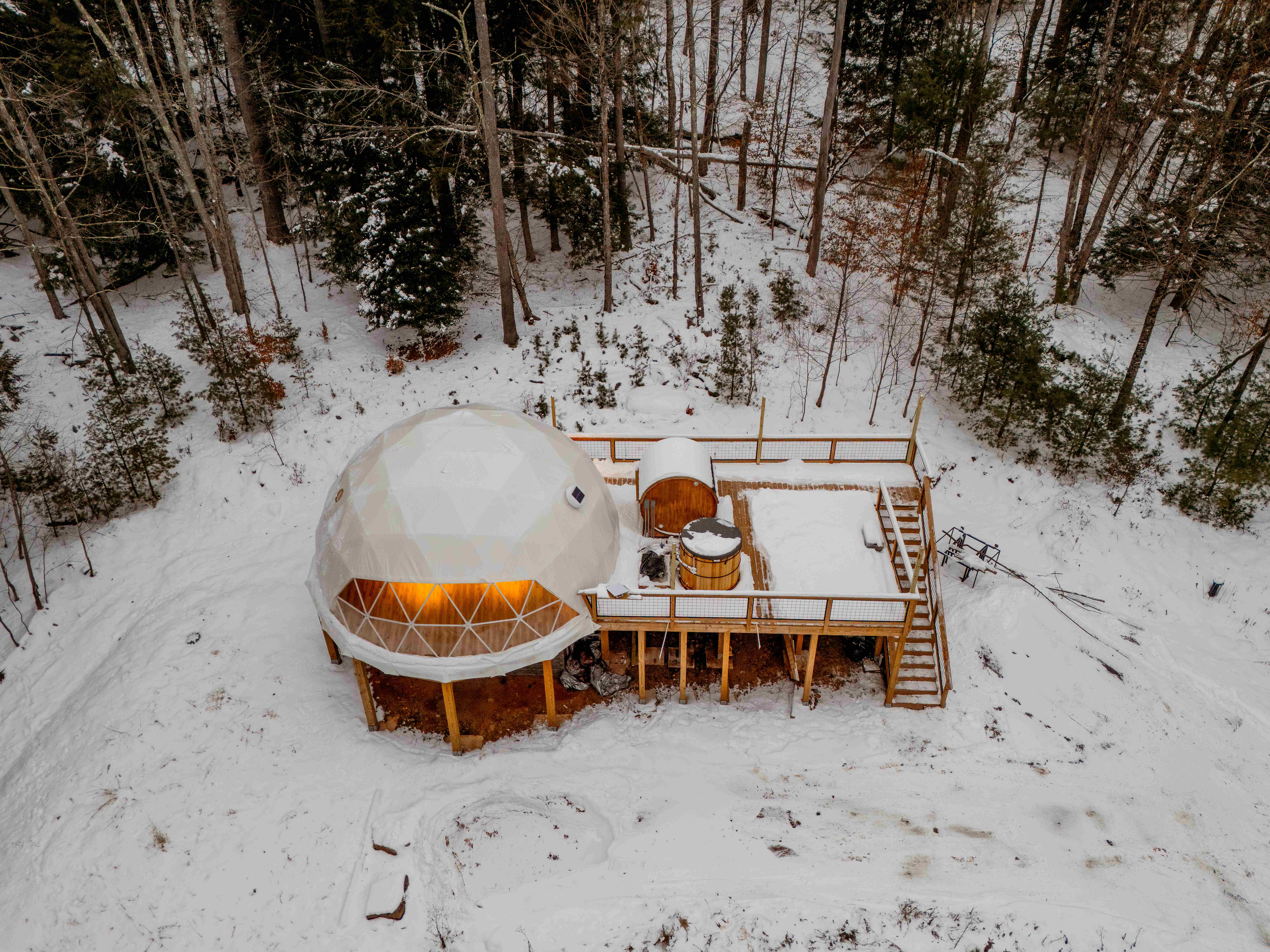 Luxury geodesic dome nestled in a pristine winter forest with snow-covered trees